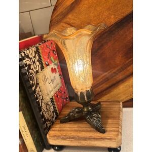 Vintage Amber Mercury Glass Lily Accent Lamp Bronze Leaf Base Ruffled Shade